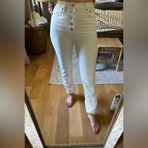 Abercrombie High Rise Button With Raw Cuff Hem White Jeans